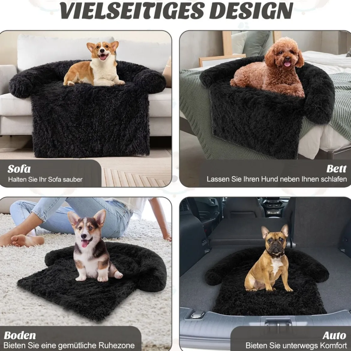 Plüschbett für Hunde mit rutschfester Unterseite abnehmbarem waschbarem Bezug & weicher Nackenrolle kleine 101 x 89 cm Schwarz