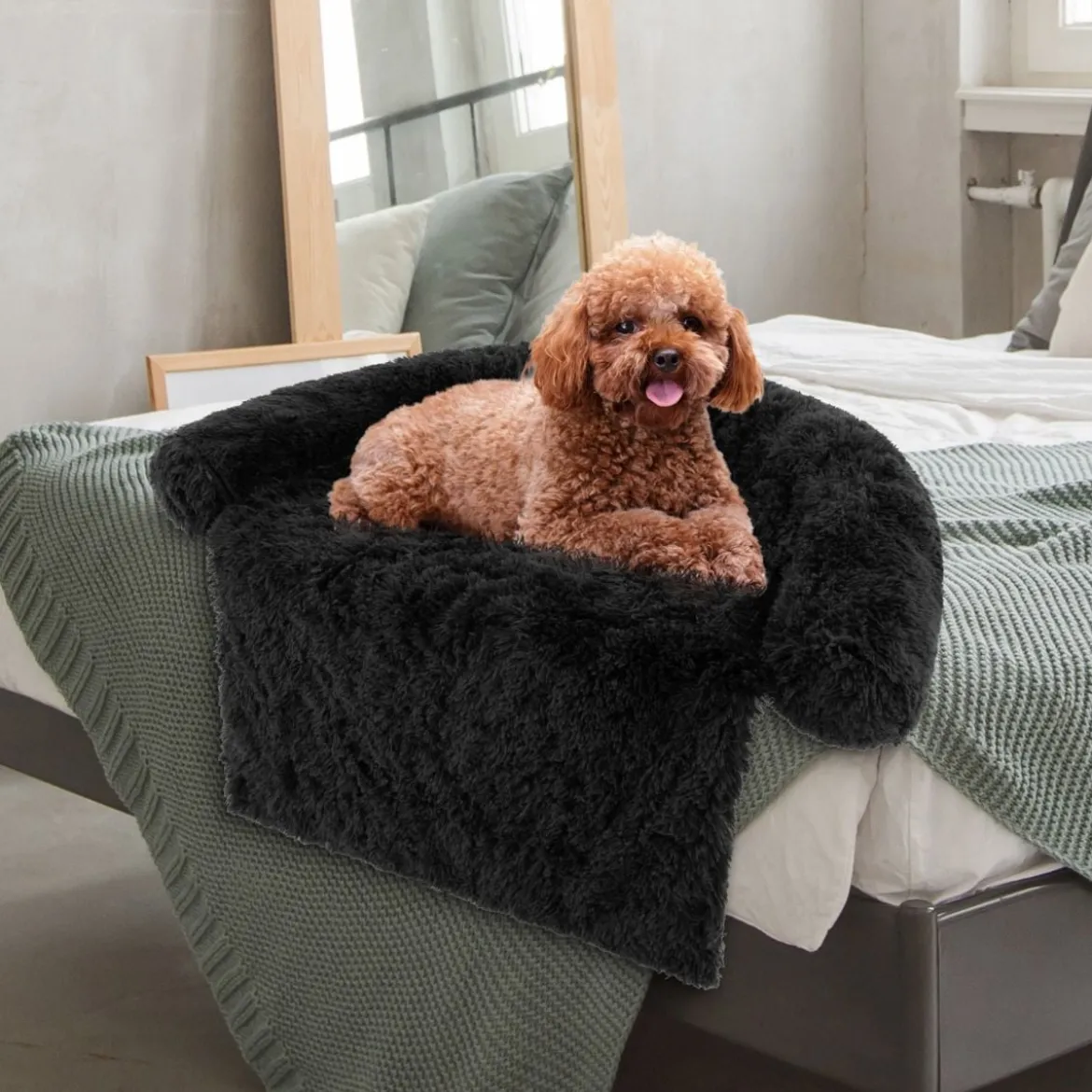 Plüschbett für Hunde mit rutschfester Unterseite abnehmbarem waschbarem Bezug & weicher Nackenrolle kleine 101 x 89 cm Schwarz