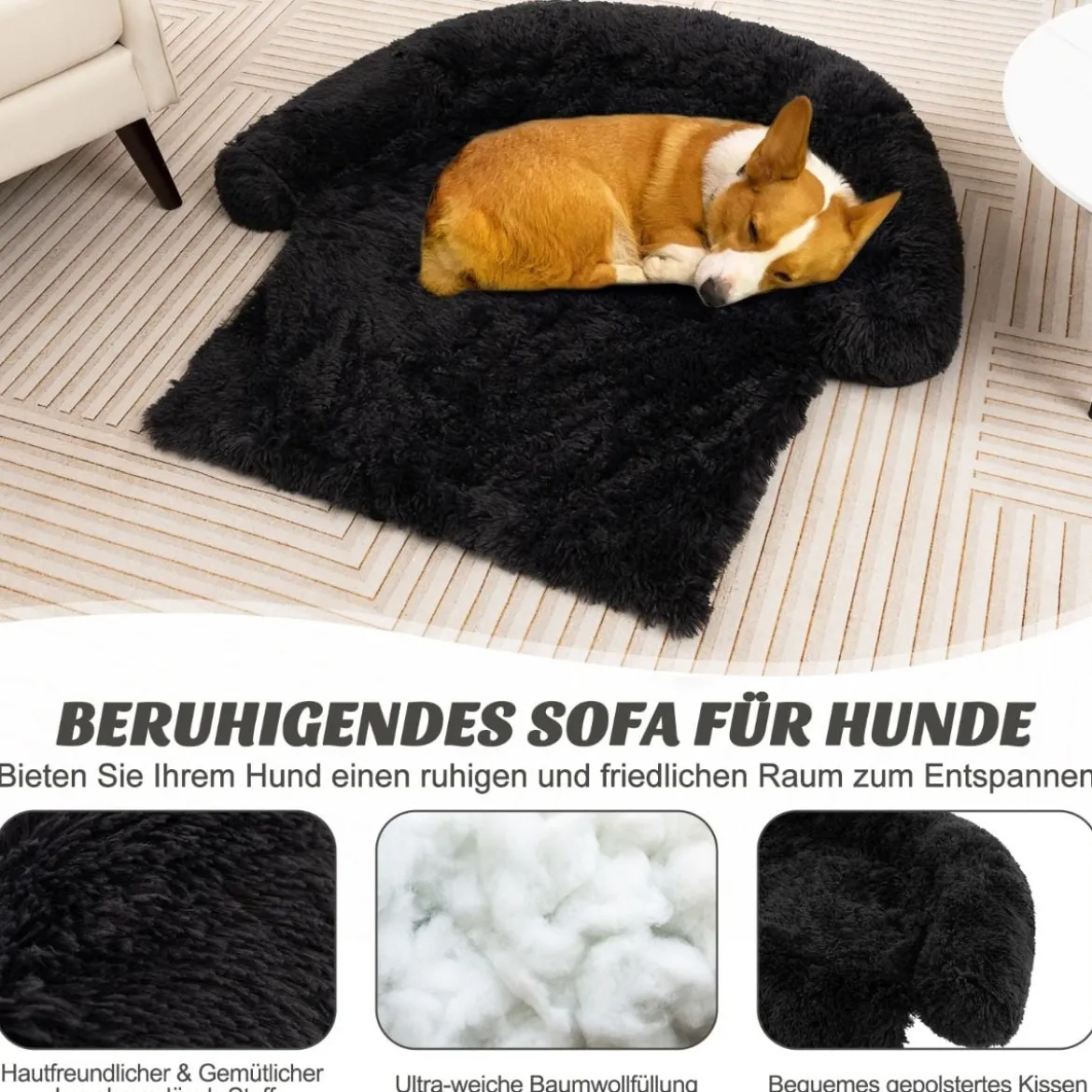 Plüschbett für Hunde mit rutschfester Unterseite abnehmbarem waschbarem Bezug & weicher Nackenrolle kleine 101 x 89 cm Schwarz
