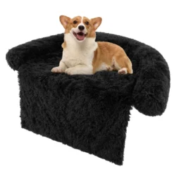 Plüschbett für Hunde mit rutschfester Unterseite abnehmbarem waschbarem Bezug & weicher Nackenrolle kleine 101 x 89 cm Schwarz