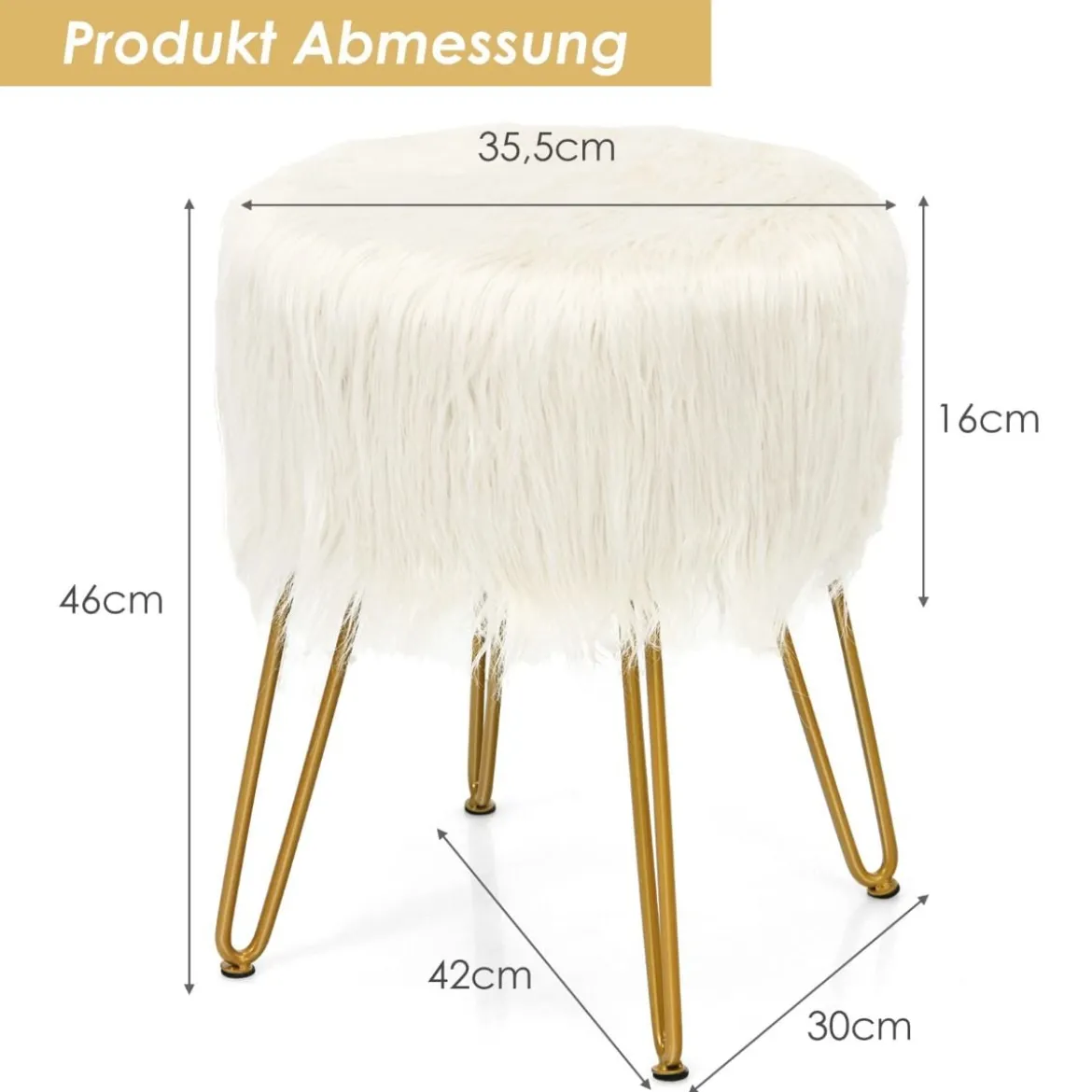 Plüsch Schminkhocker mit Goldenen Metallbeinen Runder Plüschhocker 35,5 x 35,5 x 46 cm Weiß