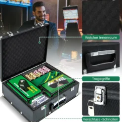 Pokerset 300 Chips Pokerkoffer mit 2 Kartendeck 5 Würfel Dealer Button Matte Kartenmischer & Kartengeber