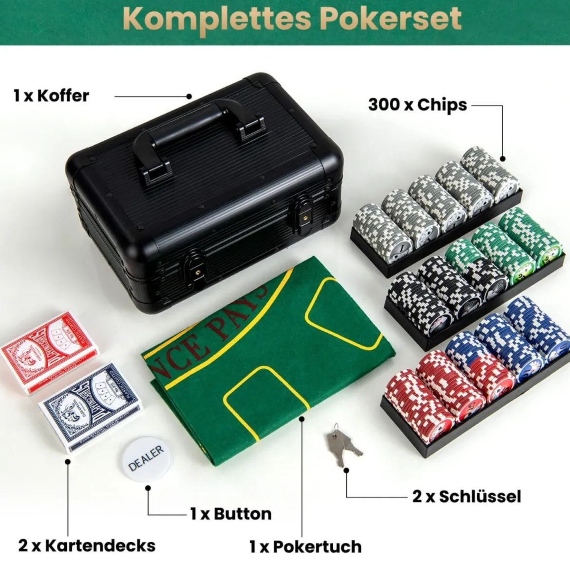 Pokerset mit 300 Laser-Chips & Pokerkoffer & 2 Spielkarten & 2 Schlüsseln Poker Komplett Set