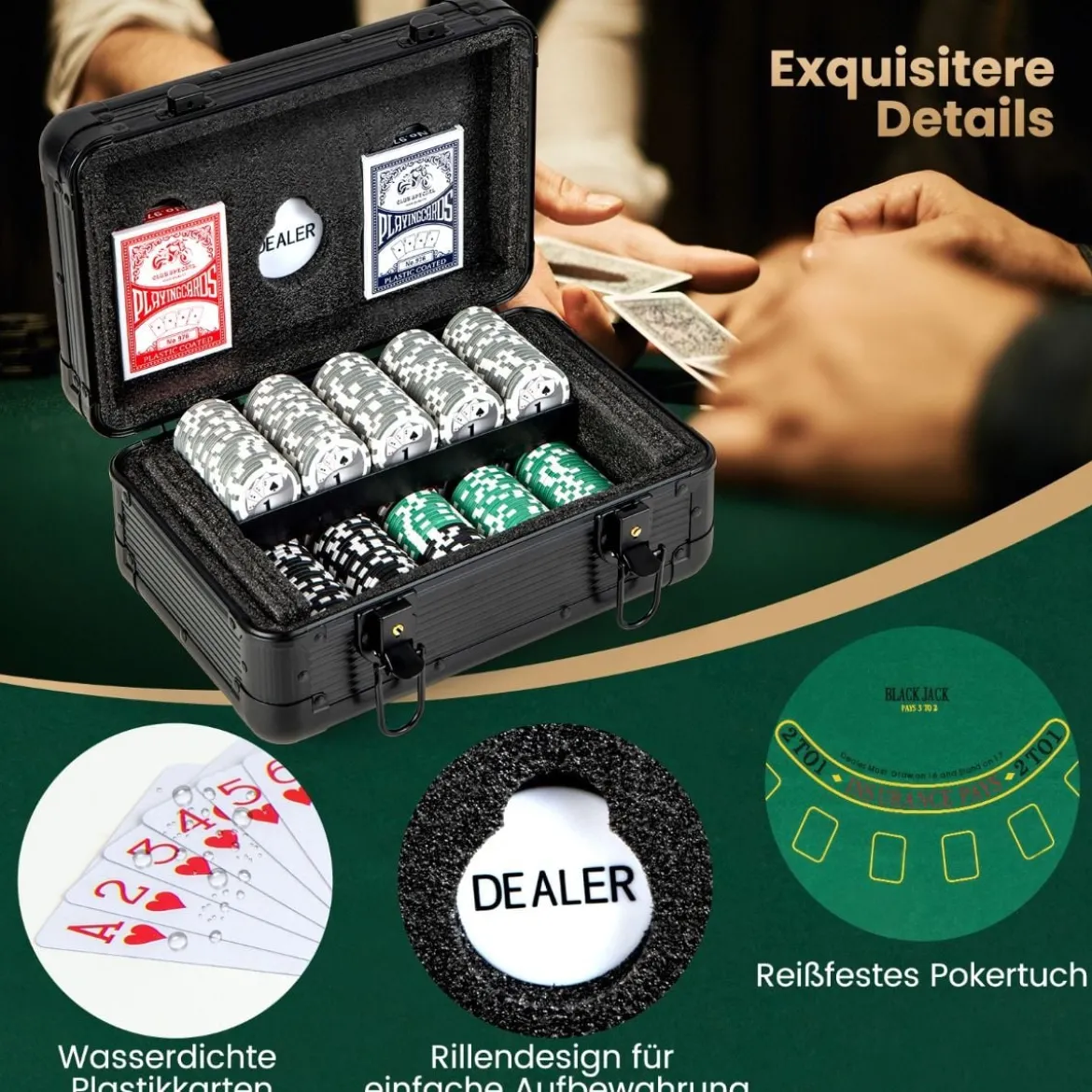 Pokerset mit 300 Laser-Chips & Pokerkoffer & 2 Spielkarten & 2 Schlüsseln Poker Komplett Set