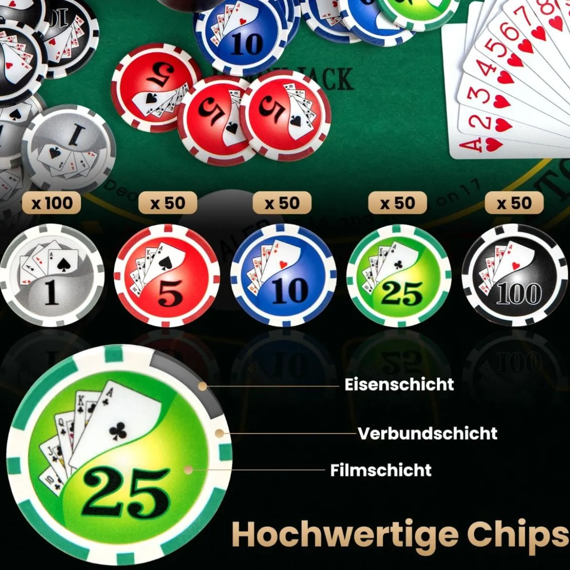 Pokerset mit 300 Laser-Chips & Pokerkoffer & 2 Spielkarten & 2 Schlüsseln Poker Komplett Set
