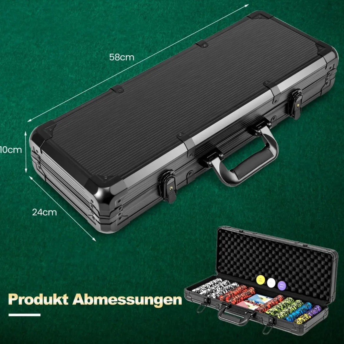 Pokerset mit 500 Laser-Chips & 2 Spielkarten & 5 Würfeln & 3 Händler-Chips & 2 Schlüsseln Pokerkoffer