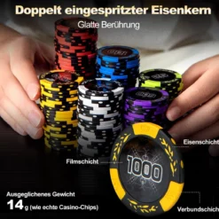 Pokerset mit 500 Laser-Chips & 2 Spielkarten & 5 Würfeln & 3 Händler-Chips & 2 Schlüsseln Pokerkoffer
