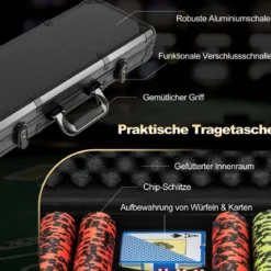 Pokerset mit 500 Laser-Chips & 2 Spielkarten & 5 Würfeln & 3 Händler-Chips & 2 Schlüsseln Pokerkoffer