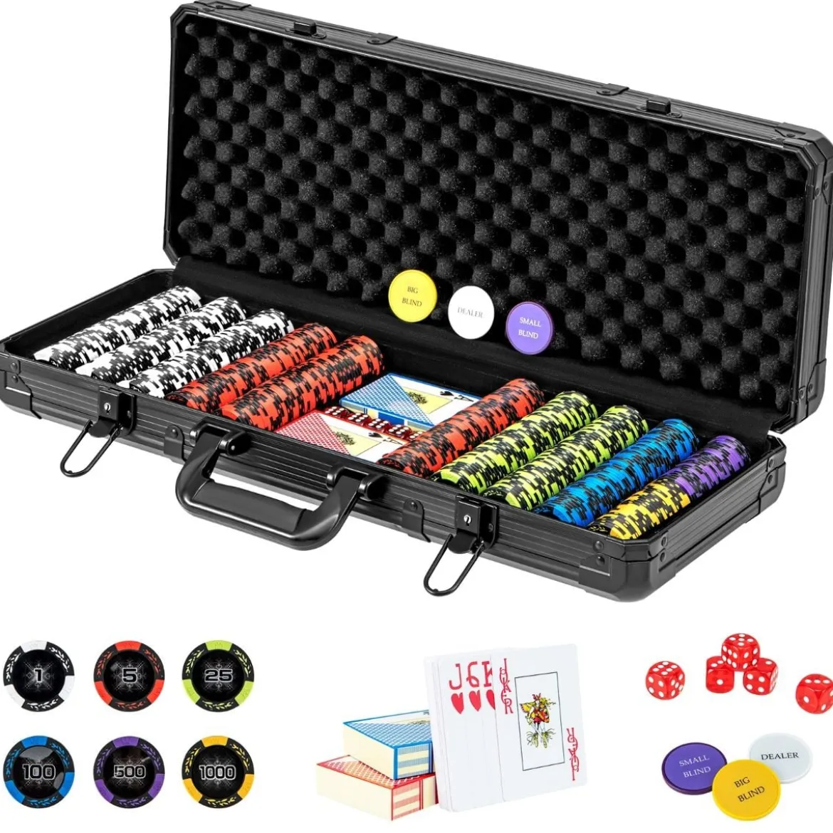 Pokerset mit 500 Laser-Chips & 2 Spielkarten & 5 Würfeln & 3 Händler-Chips & 2 Schlüsseln Pokerkoffer