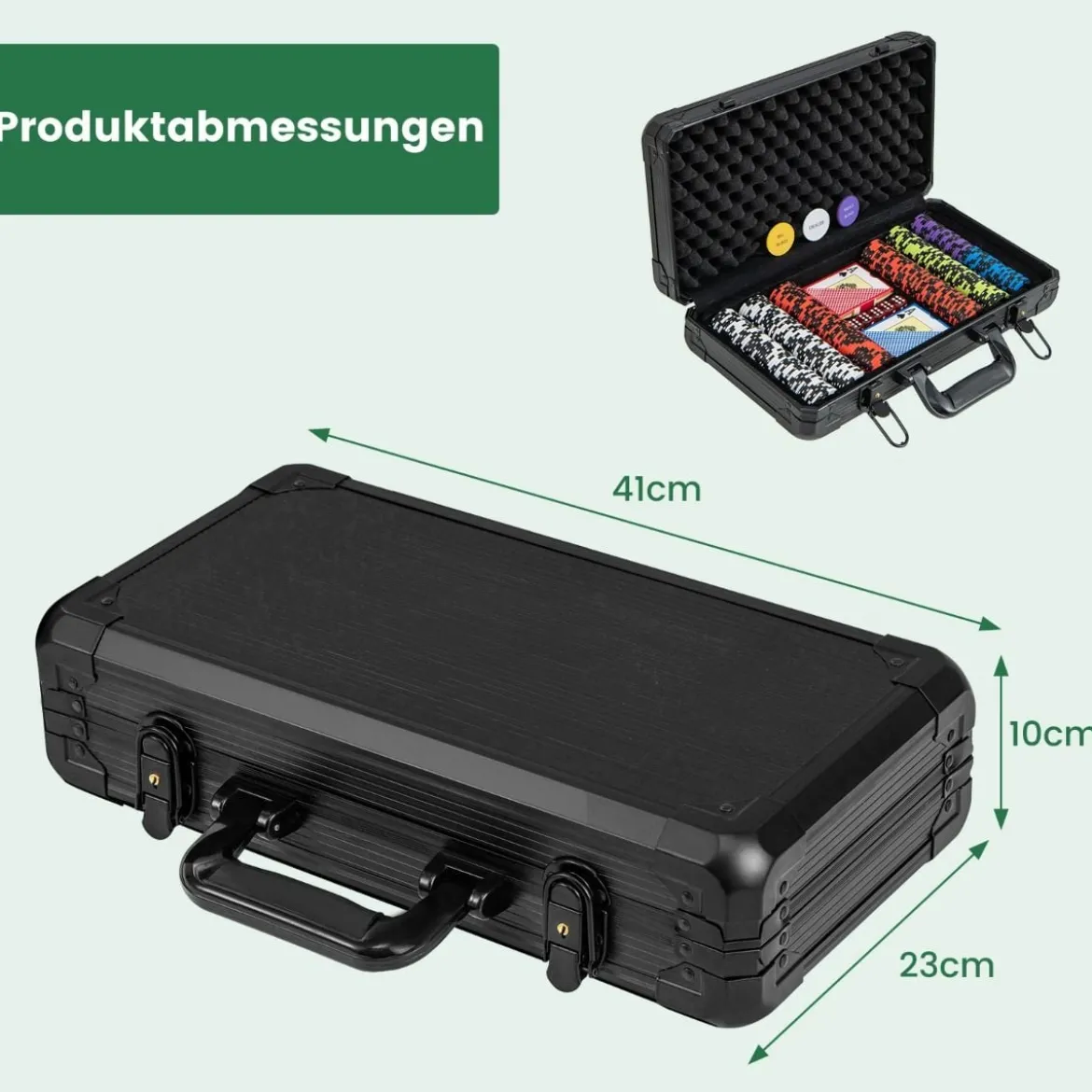 Pokerset mit 300 Laser-Chips & Spielkarten & 5 Würfeln & 3 Händler-Chips & 2 Schlüsseln Pokerkoffer