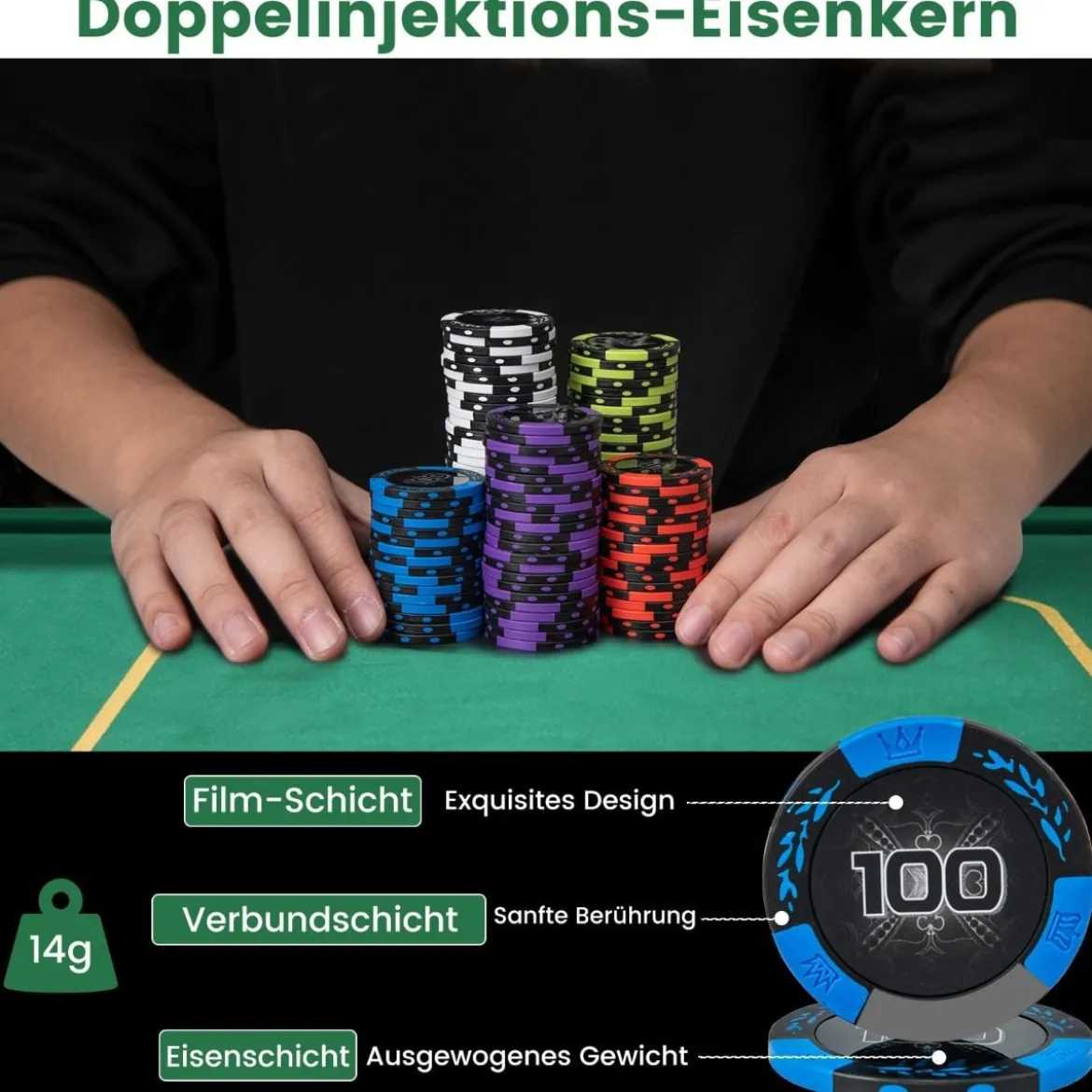 Pokerset mit 300 Laser-Chips & Spielkarten & 5 Würfeln & 3 Händler-Chips & 2 Schlüsseln Pokerkoffer