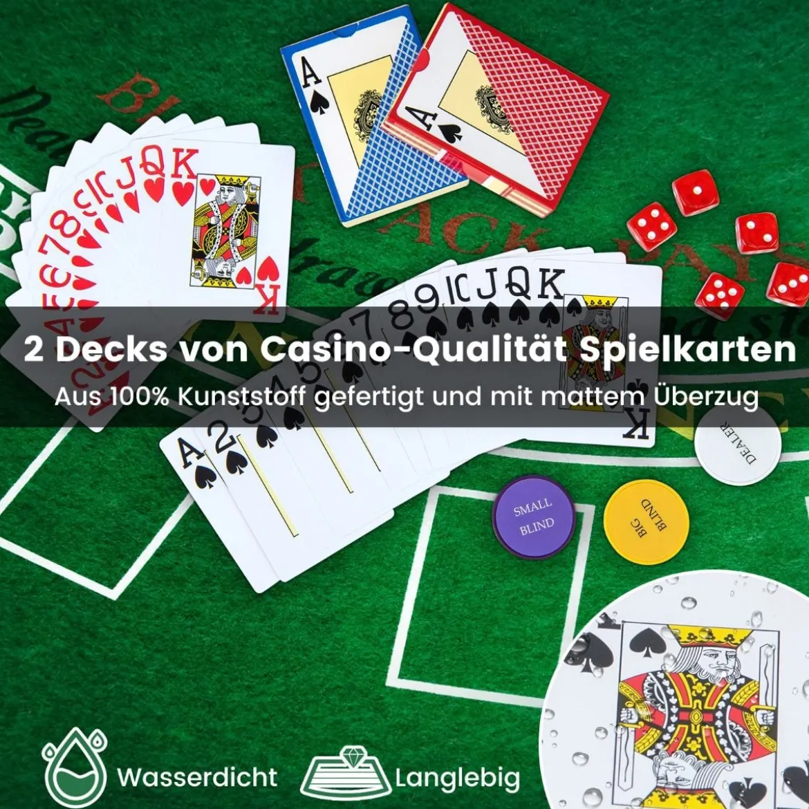 Pokerset mit 300 Laser-Chips & Spielkarten & 5 Würfeln & 3 Händler-Chips & 2 Schlüsseln Pokerkoffer