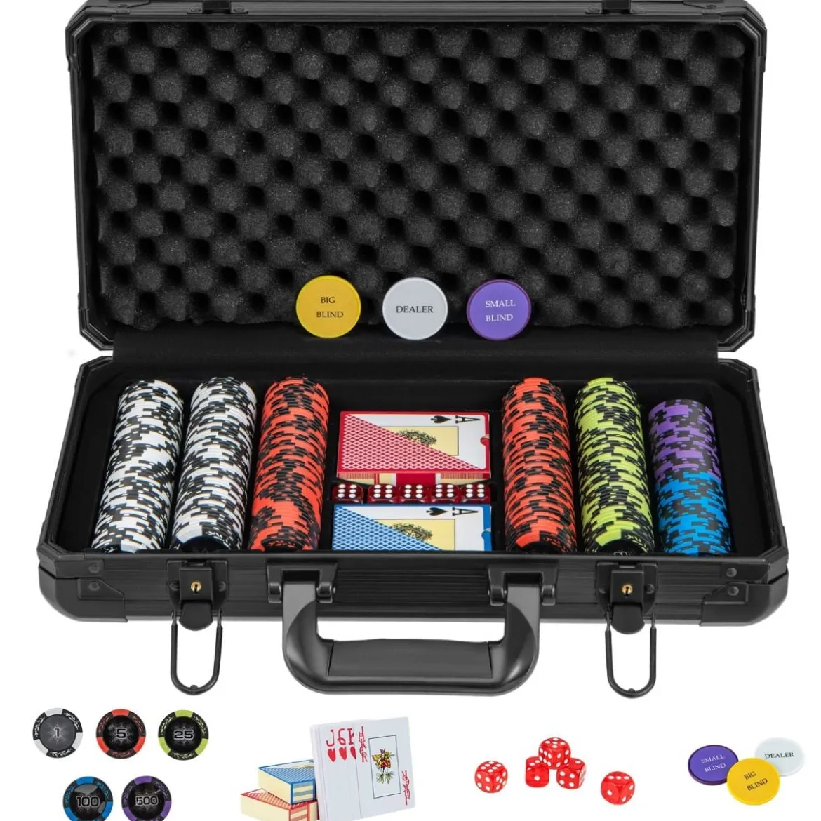 Pokerset mit 300 Laser-Chips & Spielkarten & 5 Würfeln & 3 Händler-Chips & 2 Schlüsseln Pokerkoffer