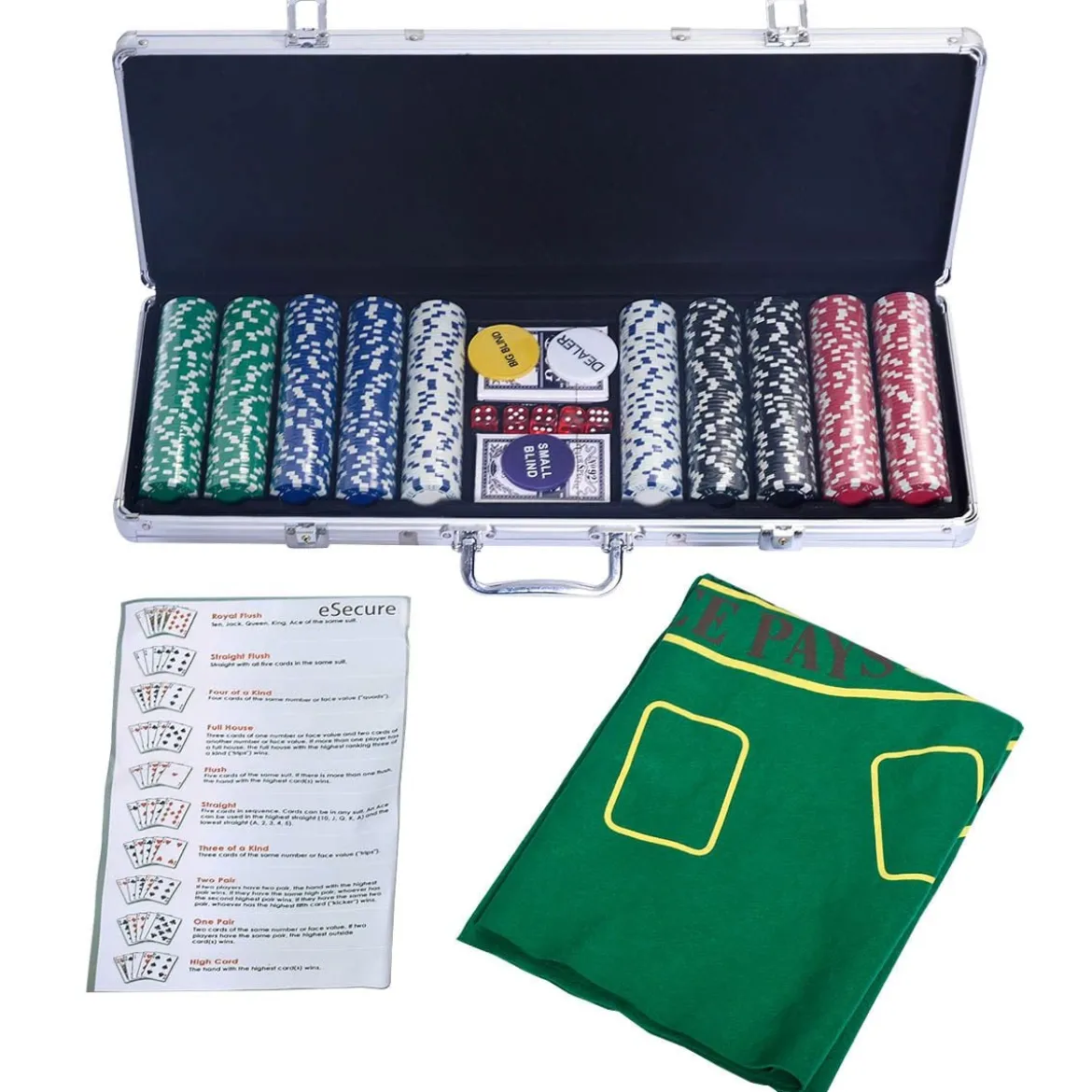 Pokerset Pokerkoffer 500 Laser-Chips Alukoffer Alu Pokerkoffer + Tuch + 2 Pokerdecks