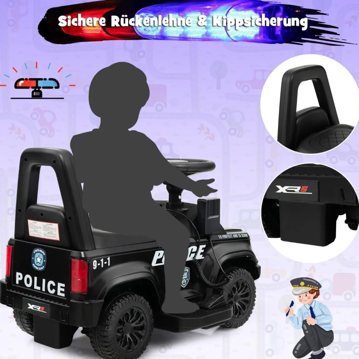 Polizei Elektroauto für Kinder 6V Elektrisches Kinderauto mit Stauraum Schwarz/Rosa/Weiß