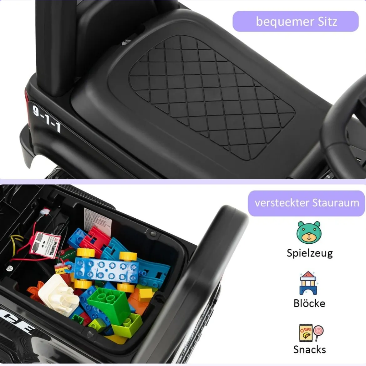 Polizei Elektroauto für Kinder 6V Elektrisches Kinderauto mit Stauraum Schwarz/Rosa/Weiß