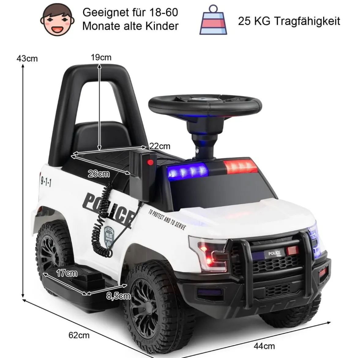 Polizei Elektroauto für Kinder 6V Elektrisches Kinderauto mit Stauraum Schwarz/Rosa/Weiß