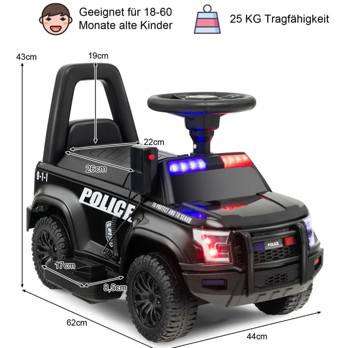 Polizei Elektroauto für Kinder 6V Elektrisches Kinderauto mit Stauraum Schwarz/Rosa/Weiß