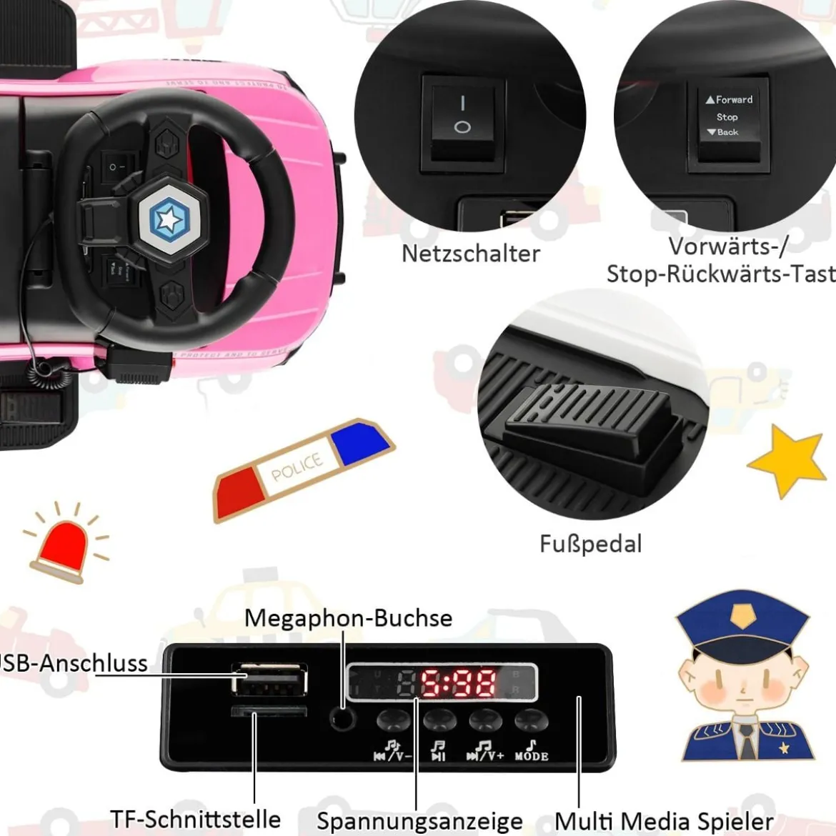Polizei Elektroauto für Kinder 6V Elektrisches Kinderauto mit Stauraum Schwarz/Rosa/Weiß