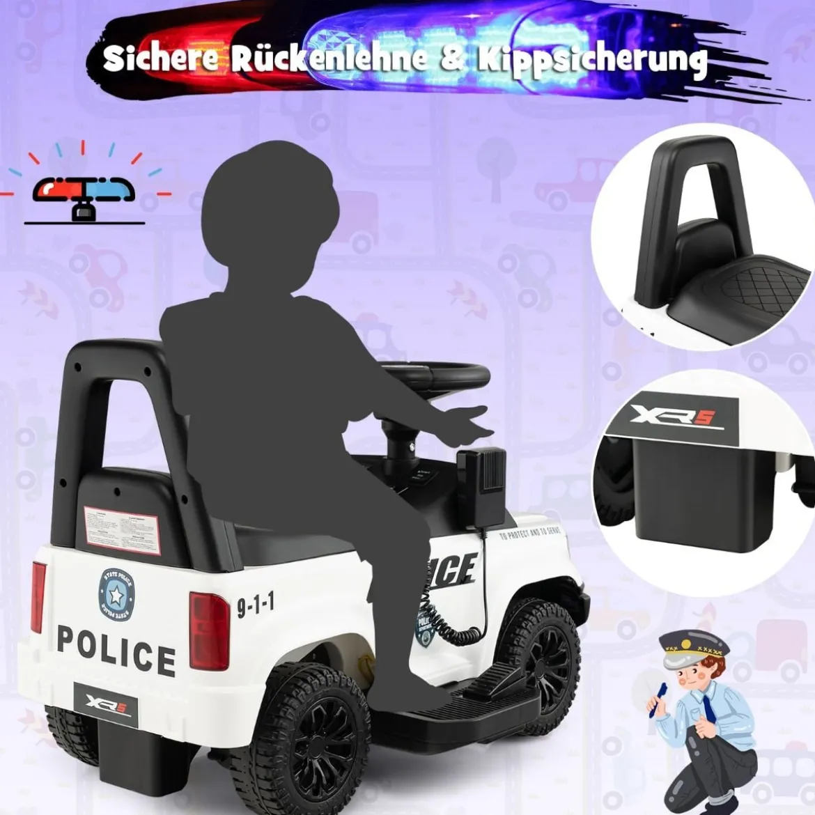 Polizei Elektroauto für Kinder 6V Elektrisches Kinderauto mit Stauraum Schwarz/Rosa/Weiß