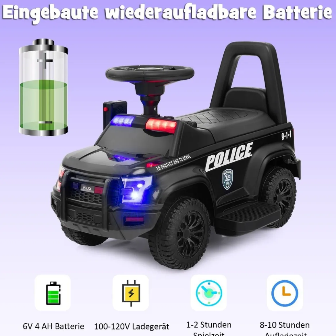 Polizei Elektroauto für Kinder 6V Elektrisches Kinderauto mit Stauraum Schwarz/Rosa/Weiß
