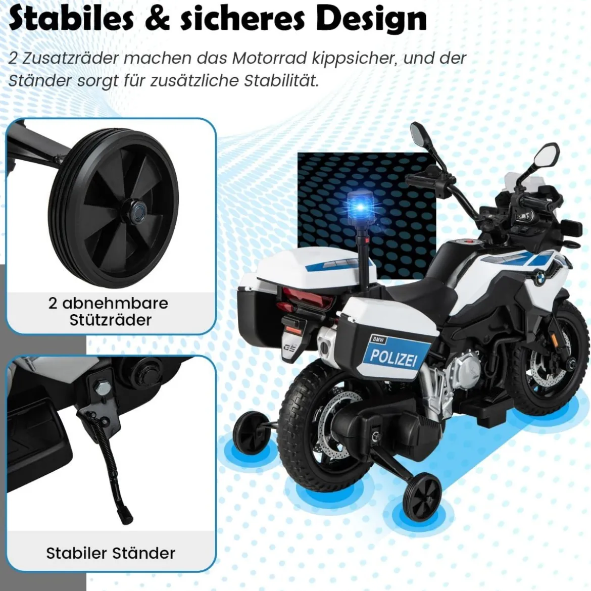 Polizeimotorrad für Kinder Akkubetriebenes Motorrad mit 2 Stützrädern 110 x 82,5 x 63 cm Weiß