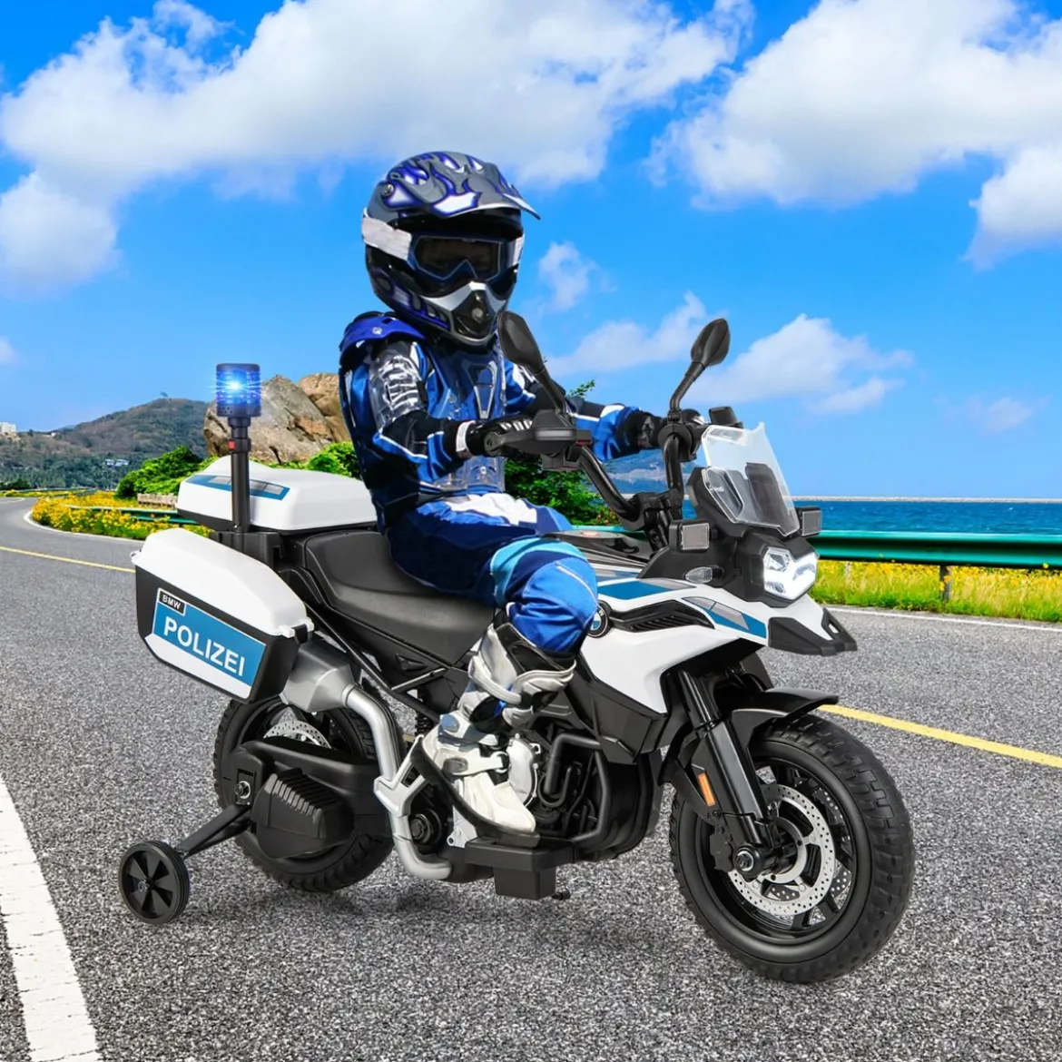 Polizeimotorrad für Kinder Akkubetriebenes Motorrad mit 2 Stützrädern 110 x 82,5 x 63 cm Weiß