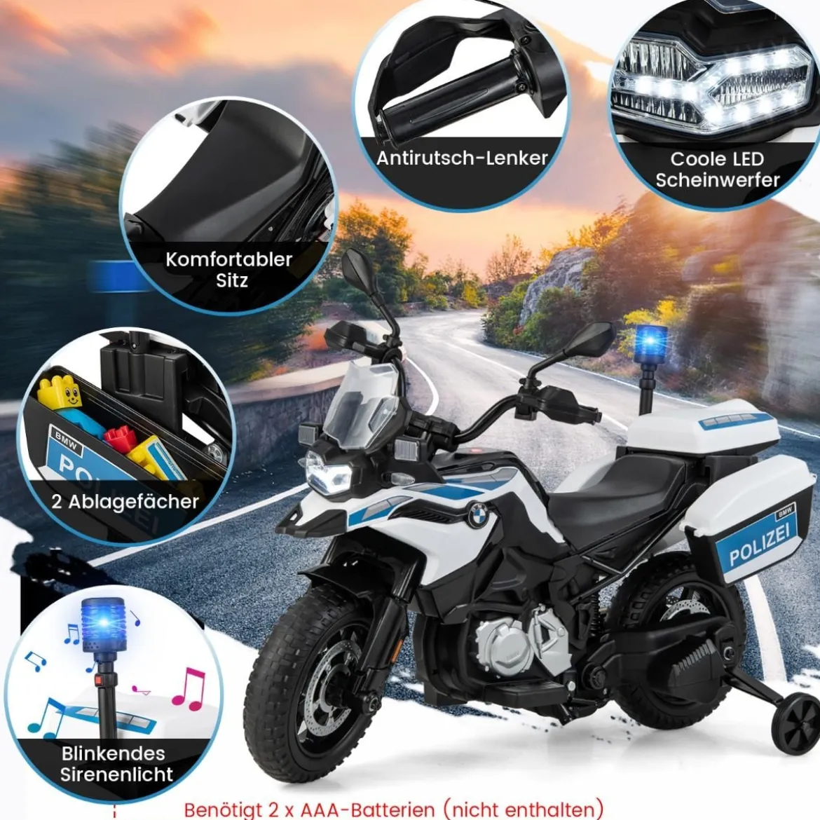 Polizeimotorrad für Kinder Akkubetriebenes Motorrad mit 2 Stützrädern 110 x 82,5 x 63 cm Weiß
