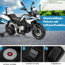 Polizeimotorrad für Kinder Akkubetriebenes Motorrad mit 2 Stützrädern 110 x 82,5 x 63 cm Weiß