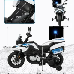 Polizeimotorrad für Kinder Akkubetriebenes Motorrad mit 2 Stützrädern 110 x 82,5 x 63 cm Weiß