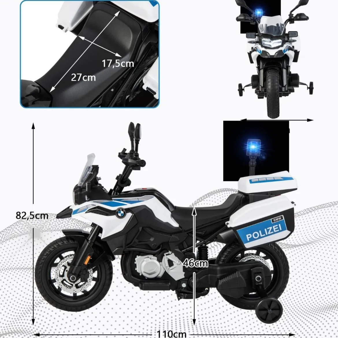 Polizeimotorrad für Kinder Akkubetriebenes Motorrad mit 2 Stützrädern 110 x 82,5 x 63 cm Weiß