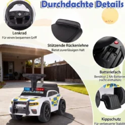 Polizei-Rutscher-Auto für Kleinkinder Rutschauto mit blinkenden Lichtern Musik Sirene Weiß