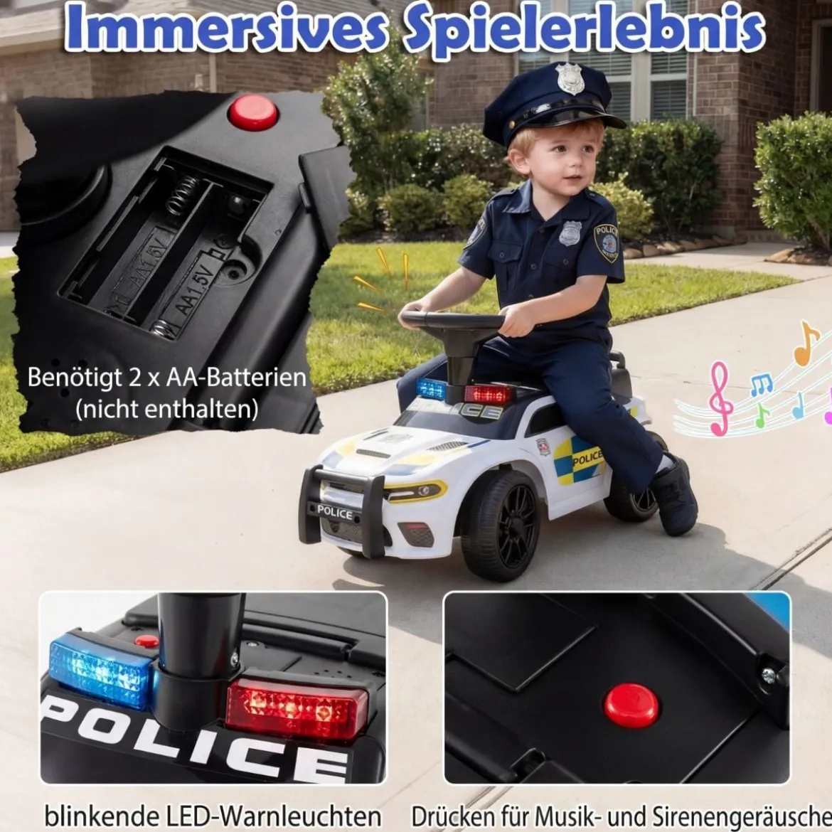 Polizei-Rutscher-Auto für Kleinkinder Rutschauto mit blinkenden Lichtern Musik Sirene Weiß