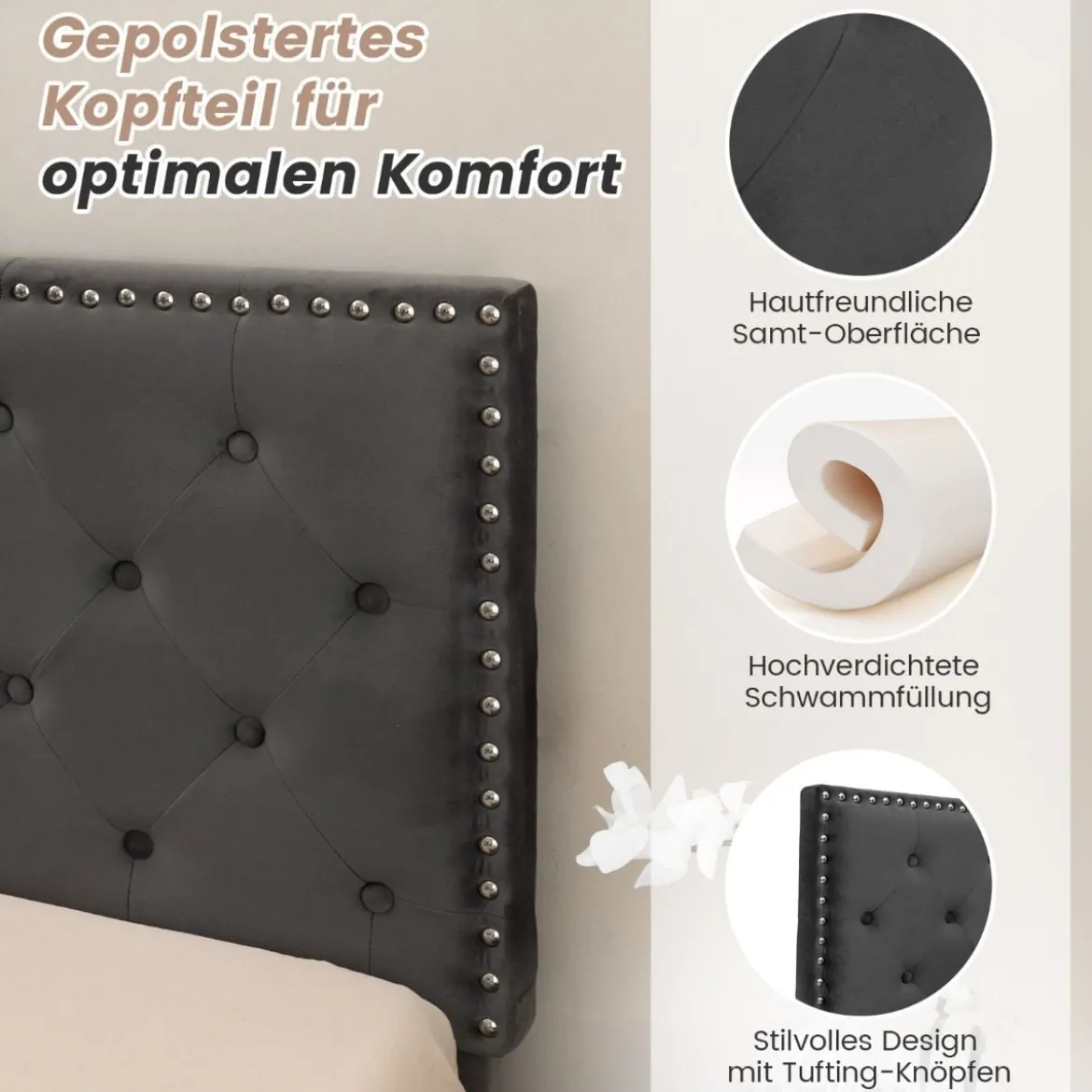 Polsterbett 200 x 180 cm Doppelbett mit Lattenrost & Kopfteil Gepolstertes Bettrahmen Grau Bettgestell bis 450 kg belastbar