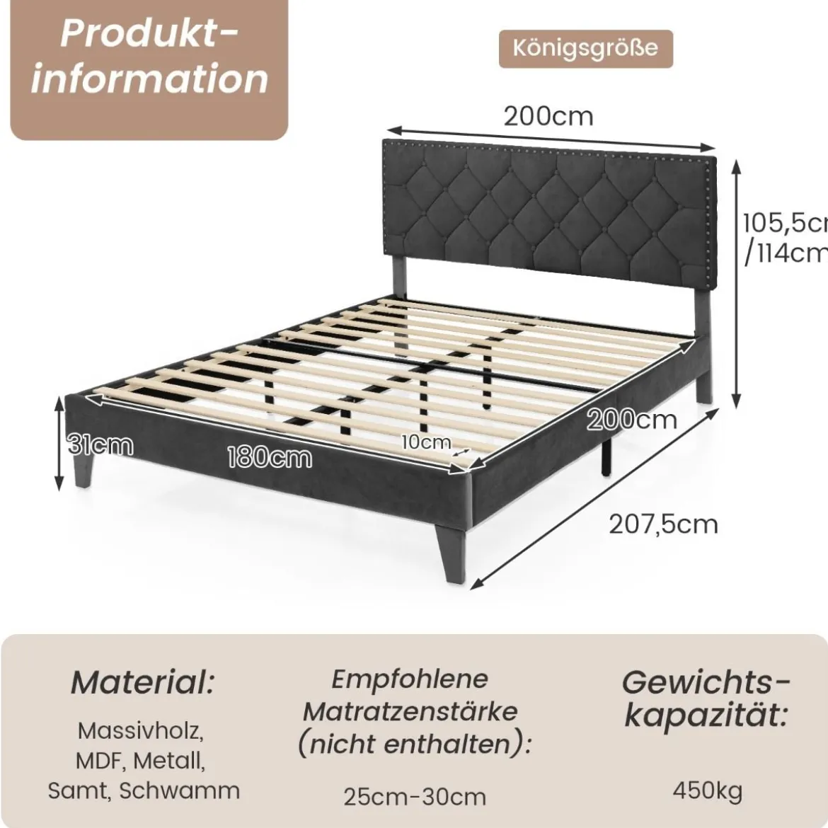 Polsterbett 200 x 180 cm Doppelbett mit Lattenrost & Kopfteil Gepolstertes Bettrahmen Grau Bettgestell bis 450 kg belastbar
