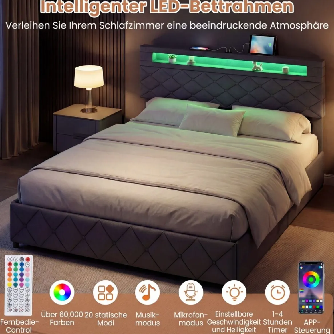 Polsterbett 160 x 200 cm mit LED-Beleuchtung Ladestation (2 USB-Anschlüsse) Doppelbettgestell mit Schubladen Grau