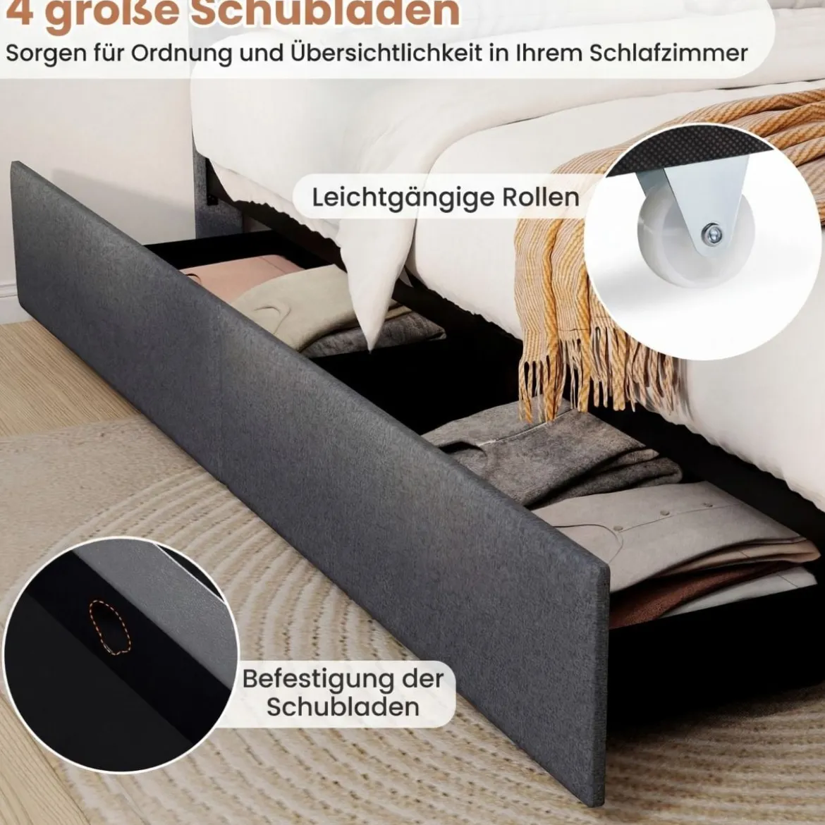 Polsterbett 160 x 200 cm mit LED-Beleuchtung Ladestation (2 USB-Anschlüsse) Doppelbettgestell mit Schubladen Grau