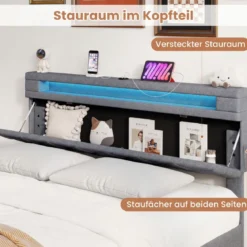 Polsterbett 160 x 200 cm mit LED-Beleuchtung Ladestation (2 USB-Anschlüsse) Doppelbettgestell mit Schubladen Grau