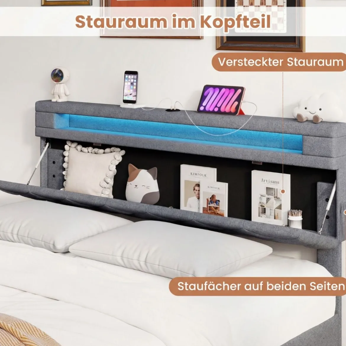 Polsterbett 160 x 200 cm mit LED-Beleuchtung Ladestation (2 USB-Anschlüsse) Doppelbettgestell mit Schubladen Grau