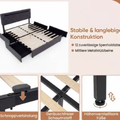 Polsterbett 160 x 200 cm mit LED-Beleuchtung Ladestation (2 USB-Anschlüsse) Doppelbettgestell mit Schubladen Grau