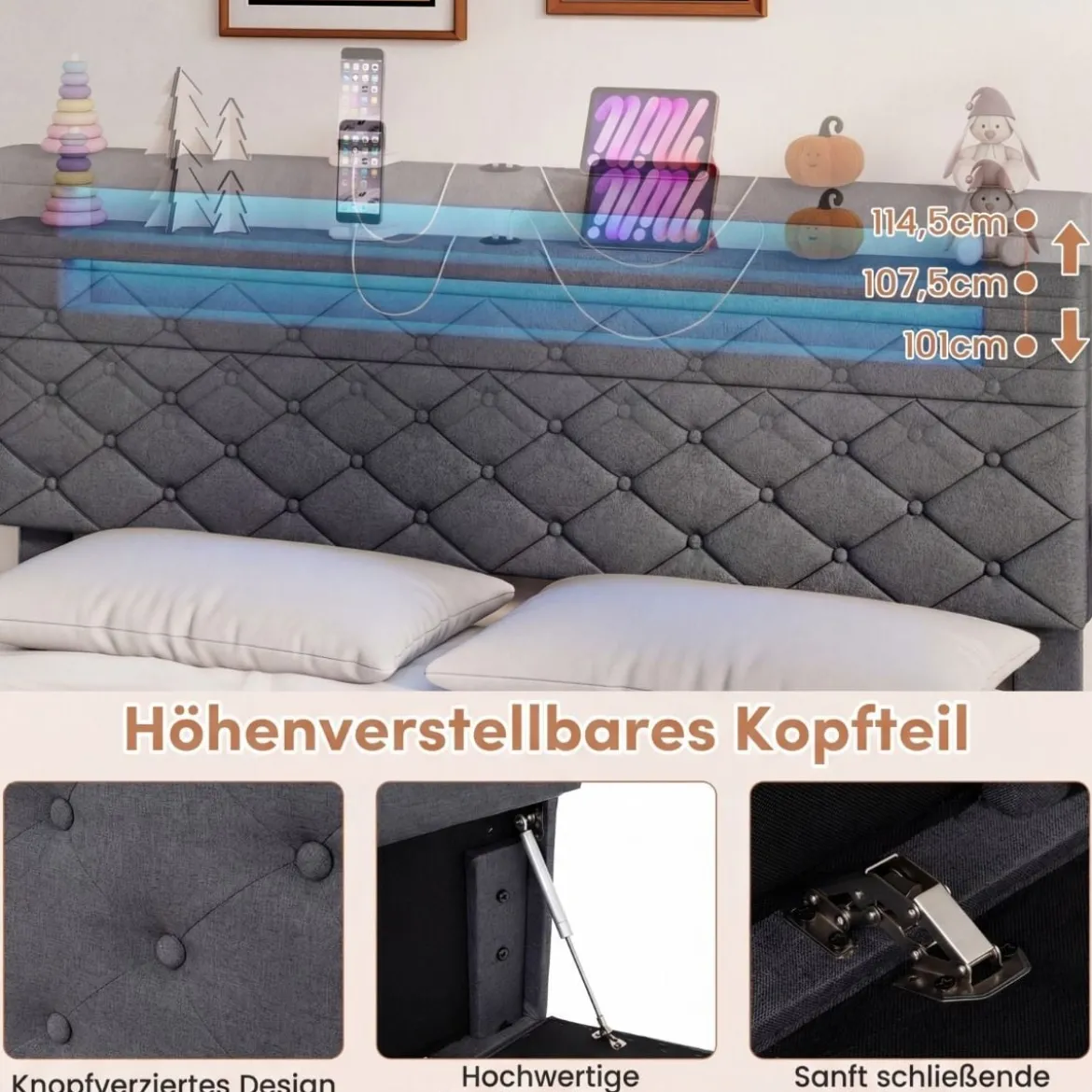 Polsterbett 160 x 200 cm mit LED-Beleuchtung Ladestation (2 USB-Anschlüsse) Doppelbettgestell mit Schubladen Grau
