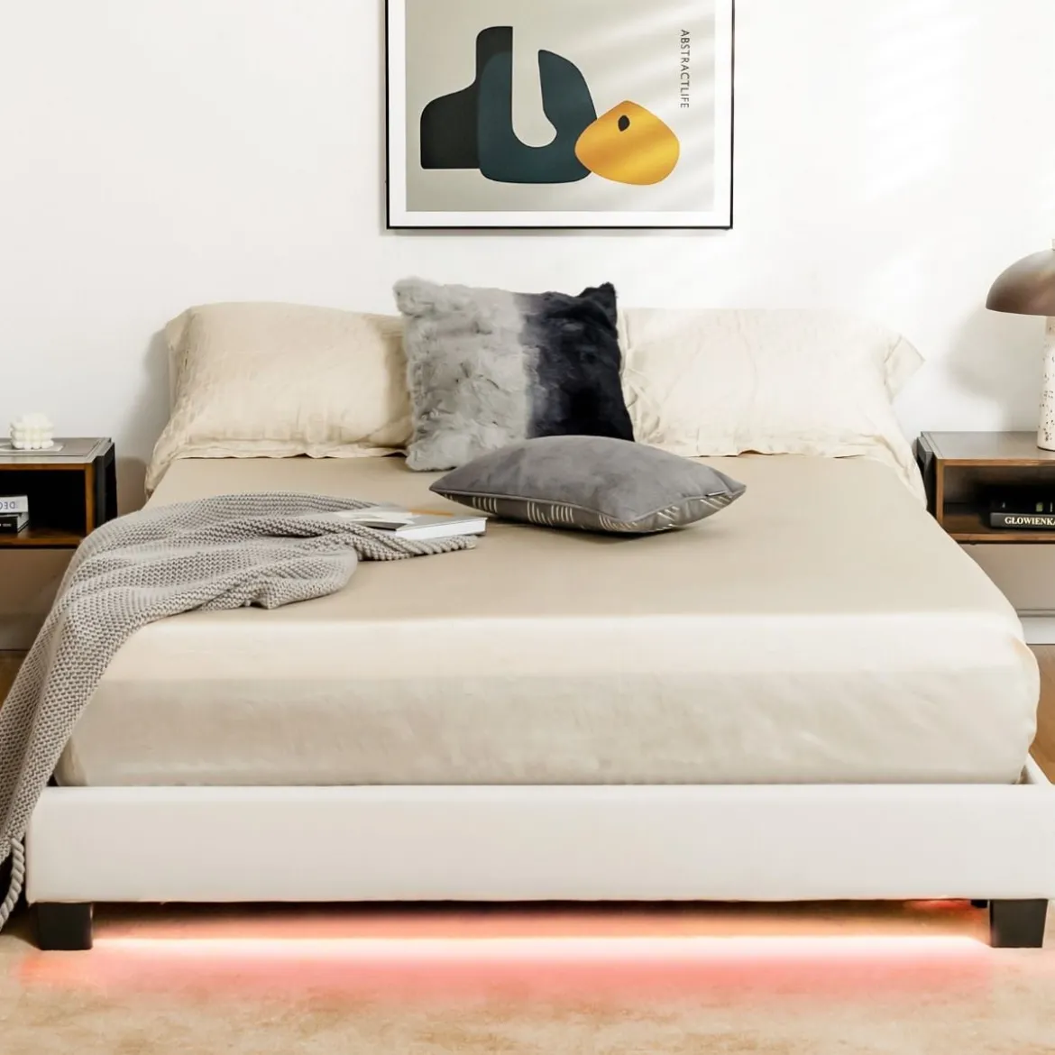Polsterbett 140 x 200 cm Moderner Bettgestell mit 16 Fabigen LED Licht Weiß