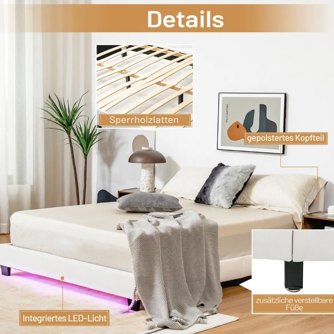 Polsterbett 140 x 200 cm Moderner Bettgestell mit 16 Fabigen LED Licht Weiß