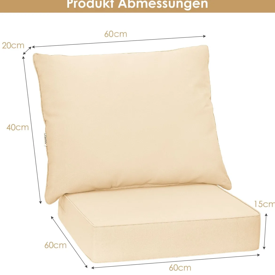 Polster für Gartenmöbel Sitzkissen 60 x 60 x 15 cm + Rückenlehne 60 x 40 x 20 cm Gartenstuhl Auflagen Weiß