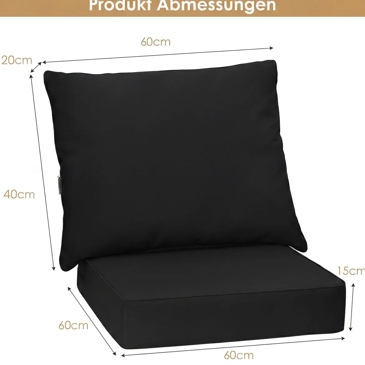Polster für Gartenmöbel Sitzkissen 60 x 60 x 15 cm + Rückenlehne 60 x 40 x 20 cm Gartenstuhl Auflagen Schwarz
