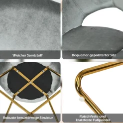 Polstersessel mit Metallbeinen Schminktisch Stuhl bis 120kg belastbar Wohnzimmerstuhl Grau