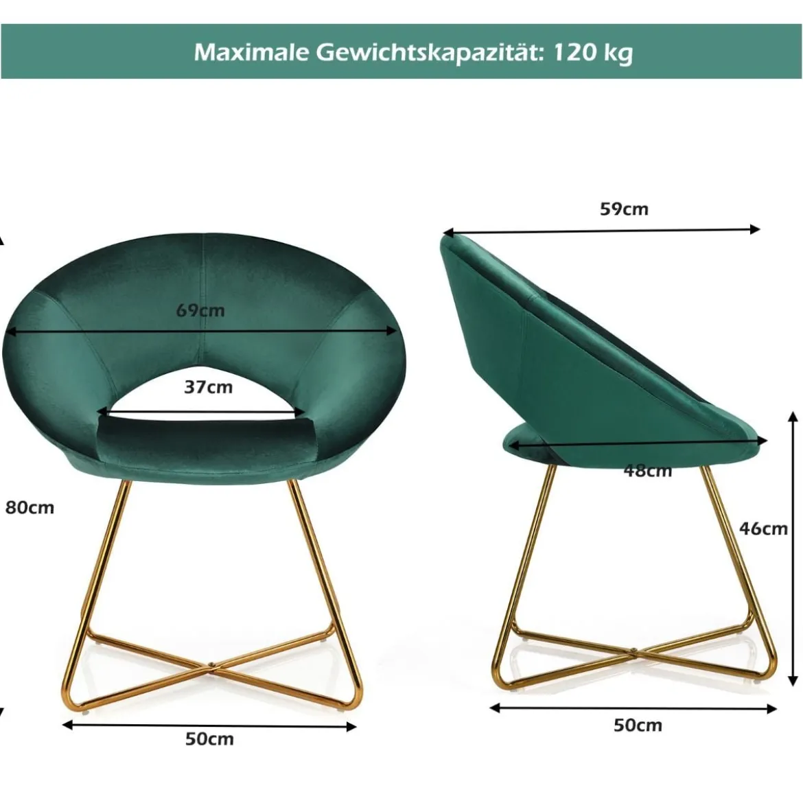 Polstersessel mit Metallbeinen Schminktisch Stuhl bis 120kg belastbar Wohnzimmerstuhl Grün