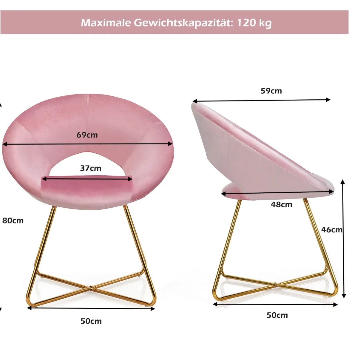 Polstersessel mit Metallbeinen Schminktisch Stuhl bis 120kg belastbar Wohnzimmerstuhl Rosa