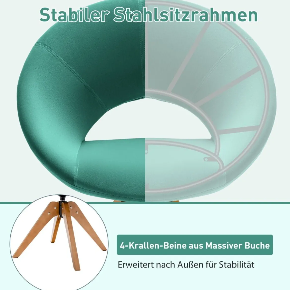 Polsterstuhl mit massiven Holzbeinen bis 150kg belastbar Samt Drehsessel Grün