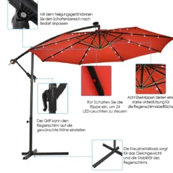 Polyester Ampelschirm mit Solarlichtern Schirm einfach neigbar Kreuzschirmständer 300 cm Burgunderrot